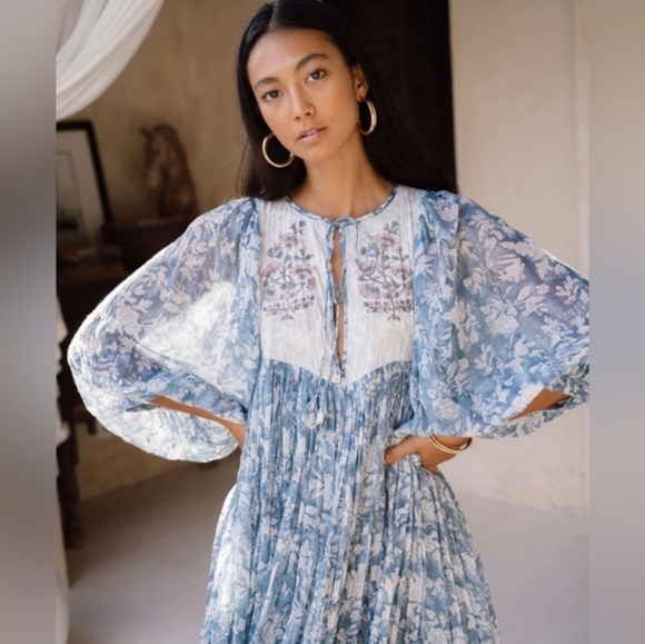 Daughters of India Jaya Mini Dress in Juniper Floral Blue Dress Size XL - Picture 8 of 16